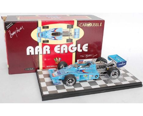 A Carousel 1 model No. 4701 1/18 scale model of a 1975 Indy 500 winner AAR Eagle, finished in light blue with Jorgensen liver