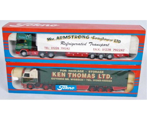 A Tekno 1/50 scale boxed road transport diecast group to include a Ken Thomas Ltd Scania 113M tractor unit with curtainside t