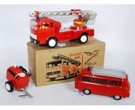 A plastic friction drive fire appliance and trailer, friction drive vehicle group to include a Gama No. 2501 Mercedes aerial 