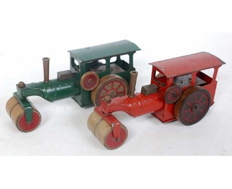 A Triang Mini pre-war road roller tinplate and clockwork group, two examples both fitted with wooden wheels, one example fini