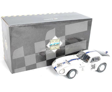 An Exoto Racing Legends No. 18005 1/18 scale model of a Cobra Daytona Coupe, finished in white with blue and red racing strip