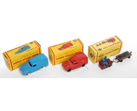 A Dublo Dinky Toys boxed diecast group, three examples to include No. 076 Lansing Bagnall tractor and trailer (VG,BG), a No. 