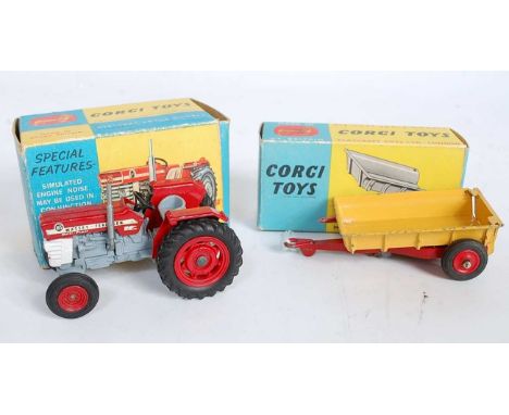 A Corgi Toys boxed tractor and farming implement diecast group to include No. 66 Massey Ferguson 165 tractor (VG,BG-VG), toge