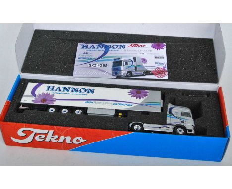 A Tekno 1/50 scale boxed Hannon International Transport model of a DAF XF 105 tractor unit and refrigerated trailer, housed i
