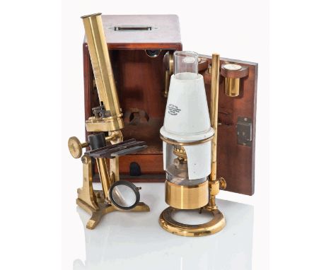 A LATE 19TH-CENTURY LACQUERED BRASS MONOCULAR MICROSCOPE AND ACCESSORIES
unsigned, contained in small case with accessories i