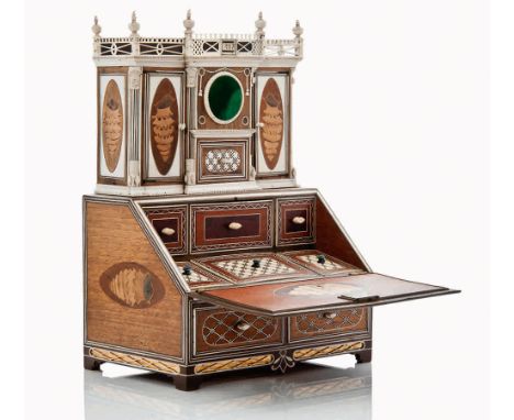 A VERY RARE AND FINE NAPOLEONIC DANISH PRISONER-OF-WAR WOOD AND BONE MARQUETRY MODEL OF A DROP-FRONT BUREAU, CIRCA 1812
with 