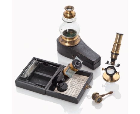 A POCKET MICROSCOPE, PROBABLY LATE 19TH-CENTURY
unsigned, of miniature conventional form, folding into plush-lined card case 