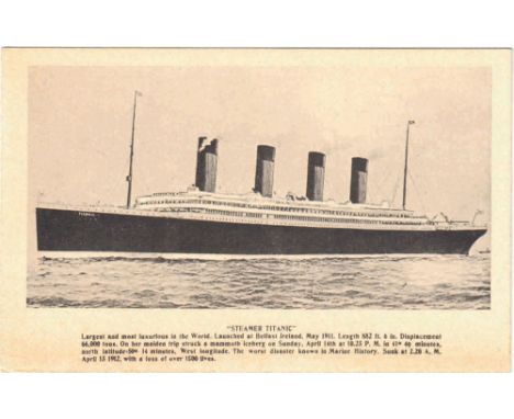 A TITANIC MEMORIAL POSTCARD SIGNED BY SURVIVOR FREDERICK DENT RAY
the postcard circa 1912 published by Avenue Postcard Co., N