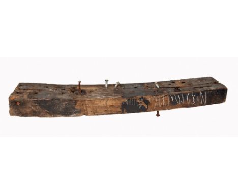 A SUBSTANTIAL OAK FRAME SECTION FROM H.M.S. VICTORY  IN SERVICE CIRCA 1765-1922
with carpenters rase marks inscribed along on