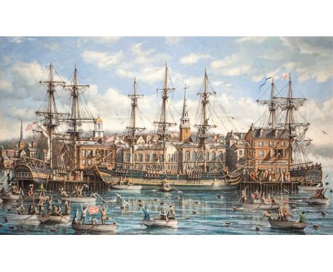 ANTHONY BRANDRETT (BRITISH, 20th-CENTURY)
The Boston Tea Party -- first light 17th December, 1773 (The Morning After)
oil on 