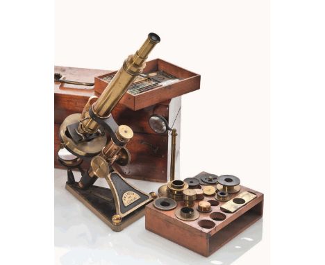 A MONOCULAR TRUNK-TYPE MICROSCOPE BY R. & J. BECK, LONDON
in lacquered and oxidised brass, signed as per title and numbered 7