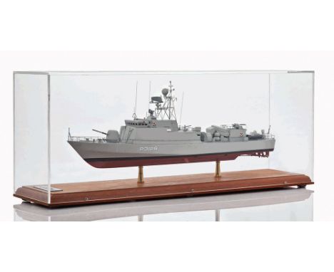 A 1:100 SCALE BUILDER'S MODEL FOR THE 57-METER NYAYO CLASS FAST PATROL BOAT NYAYO (P3126) BUILT FOR THE KENYAN NAVY BY VOSPER