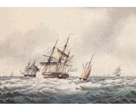 JOHN CLEVELEY THE YOUNGER (BRITISH, 1747-1786)
A British frigate and other shipping off the coast of Tenerife
Pen, ink and wa