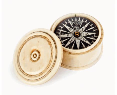 A FINE EARLY 19TH-CENTURY IVORY POCKET COMPASS BY GILBERT & SONS, LONDON
the 1¾in. mica-backed card with jewelled pivot signe