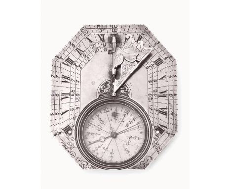 A SILVER BUTTERFIELD DIAL, CIRCA 1740
of usual form, with folding bird gnomon, glazed compass compartment with blued compass 