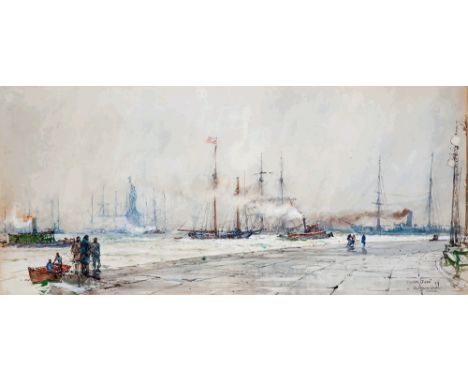 CHARLES EDWARD DIXON (BRITISH, 1872-1934)
A view of a busy New York Harbor with the Statue of Liberty beyond 
Watercolour
Sig