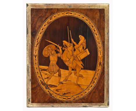 A SET OF FIVE MARQUETRY PANELS FROM THE ROYAL YACHT ROYAL CHARLOTTE, EX-ROYAL CAROLINE, CIRCA 1750
walnut with ink lined sati