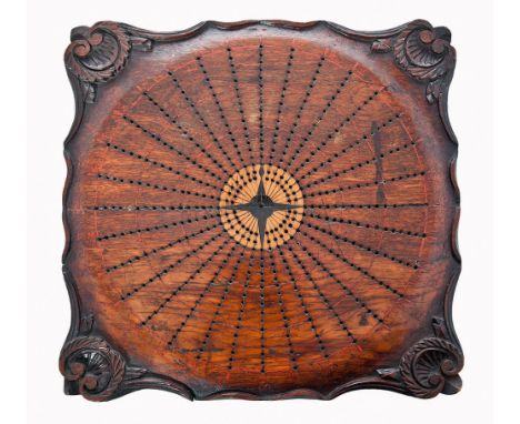 A WOODEN TRAVERSE BOARD, PROBABLY 20TH-CENTURY
constructed from two conjoined halves with inlaid compass rose at centre, 18 r