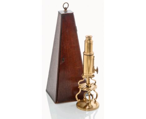 A 19TH-CENTURY LACQUERED BRASS CULPEPER-TYPE MICROSCOPE
unsigned, the 5½in. barrel with rack-and-pinion focusing and tube foc