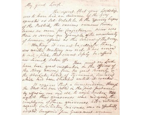 THE SPITHEAD MUTINY, 1797: AN INFORMANTS LETTER TO LORD HOWE
a manuscript letter tightly written over four sides of a single 
