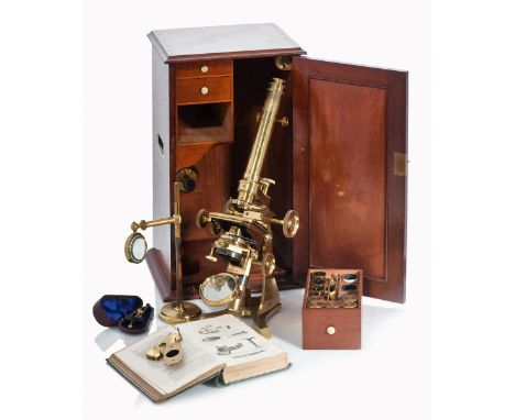 A FINE LACQUERED BRASS MONOCULAR MICROSCOPE BY WRAY, LONDON, CIRCA 1870
with rack-and-pinion adjustment to tube and platforms