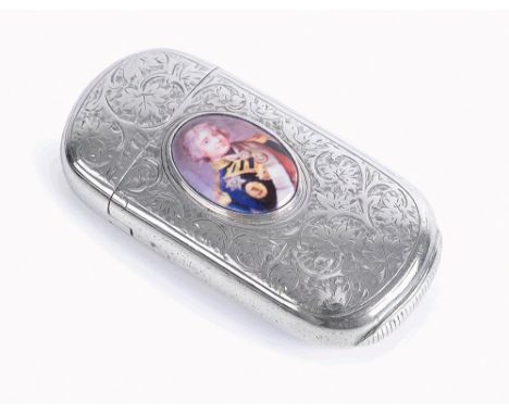 A COMMEMORATIVE SILVER VESTA CASE, CIRCA 1886
decorated in scrollwork overall with applied enamel portrait of Lord Nelson to 