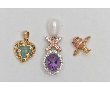 THREE PENDANTS, the first a yellow metal bee pendant set with an oval cut citrine to the body, fitted bail to the reverse, si