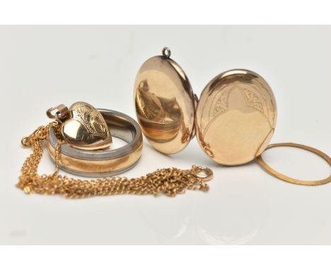 TWO LOCKETS, A RING AND TWO CHAINS, to include a 9ct heart locket, with a floral pattern to the front, hallmarked 9ct Birming