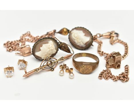 ASSORTED JEWELLERY, to include an a/f yellow metal brooch missing centre stone, split pearl accents, stamped 15ct, fitted wit