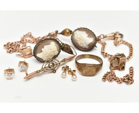 ASSORTED JEWELLERY, to include an a/f yellow metal brooch missing centre stone, split pearl accents, stamped 15ct, fitted wit