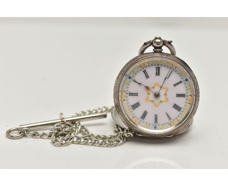 A LADYS OPEN FACE POCKET WATCH AND ALBERT CHAIN, the key wound pocket watch, round white dial detailed with gold Roman numera