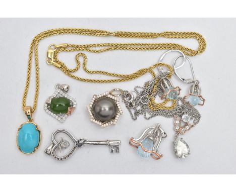 A 9CT GOLD PENDANT AND ASSORTED WHITE METAL JEWELLERY,  to include an oval turqouse cabochon, prong set in yellow gold, hallm