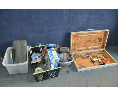 A SELECTION OF MISCELANEOUS, to include three electrical motors, Parkside saw, vintage jack, mitre saw, vintage prop withdraw