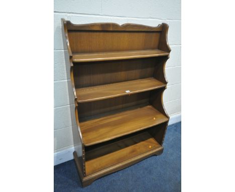AN ERCOL WINDSOR ELM OPEN WATERFALL BOOKCASE, width 87cm x depth 33cm x height 128cm (condition:-good condition)