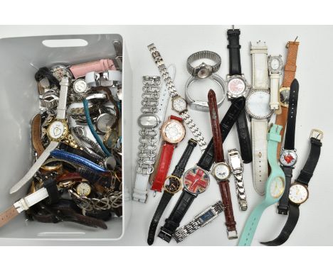 A TRAY OF ASSORTED WRISTWATCHES, ladys, gents and childrens, names to include 'Seksy, Mezzo, Oasis, Next, Regency' etc (condi