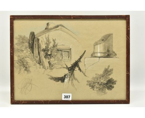 ATTRIBUTED TO HENRY BRIGHT (1814-1873) a page from a sketch book showing various objects, initialled bottom left, black chalk