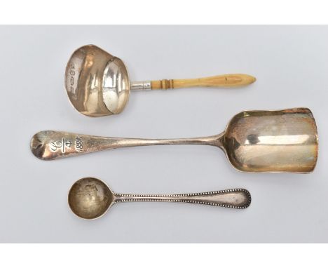TWO 19TH CENTURY SILVER CADDY SPOONS AND A BEAD PATTERN CONDIMENT SPOON, one caddy spoon with scoop shaped bowl with bone han