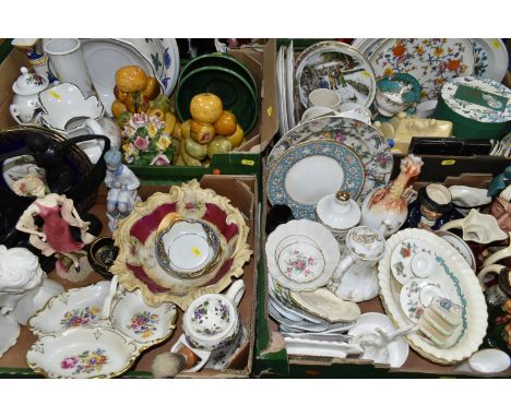 FOUR BOXES OF CERAMICS INCLUDING ROYAL DOULTON AND OTHER CHARACTER AND TOBY JUGS, ETC, including collector's plates, Continen