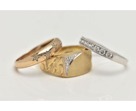 THREE RINGS, the first a 9ct gold diamond star set ring, hallmarked 9ct London, ring size O, a 9ct white gold cubic zirconia 