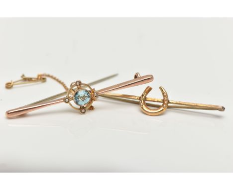 TWO BROOCHES, the first designed as a target set with a central light blue paste in a milgrain collet setting, with split pea