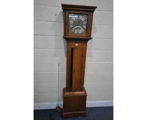 A OAK 30 HOUR LONGCASE CLOCK, the hood cylindrical pillars, flanking a square glazed door, enclosing a silvered and brass 11 