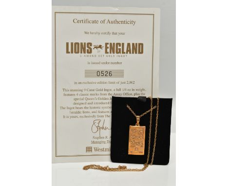 A 9CT GOLD INGOT PENDANT WITH CHAIN, the rectangular 'Lions of England' ingot, hallmarked 9ct Sheffield, engraved to the reve