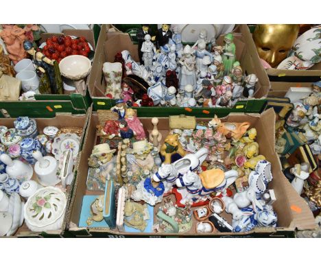 SIX BOXES OF ORNAMENTAL CERAMICS ETC, figures and figurines, bells, pill/patch boxes, modern Chinese vases and storage jars, 