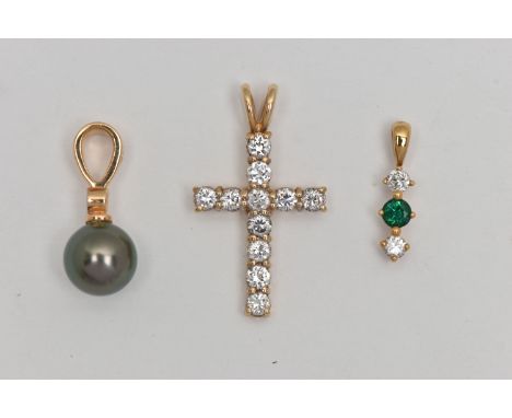 THREE PENDANTS, the first a 9ct gold colourless cubic zirconia set cross, fitted with a split V bail, hallmarked 9ct Birmingh