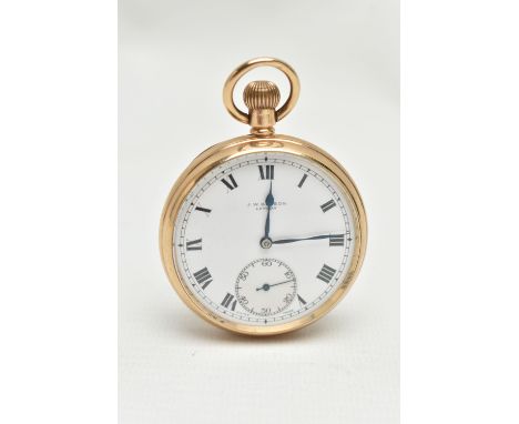 A 9CT GOLD 'J.W.BENSON' OPEN FACE POCKET WATCH, manual wind, round white dial signed 'J.W.Benson, London', Roman numerals, se