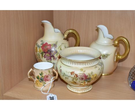 FOUR PIECES OF ROYAL WORCESTER BLUSH IVORY PORCELAIN, each printed and tinted with flowers, comprising two flat back jugs - s
