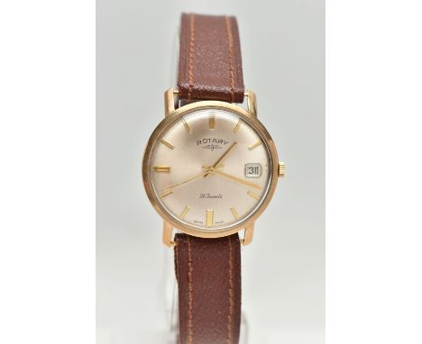 A GENTS 9CT GOLD 'ROTARY, 21 JEWELS' WRISTWATCH, manual wind, round silver dial signed 'Rotary 21 jewels', baton markers, dat