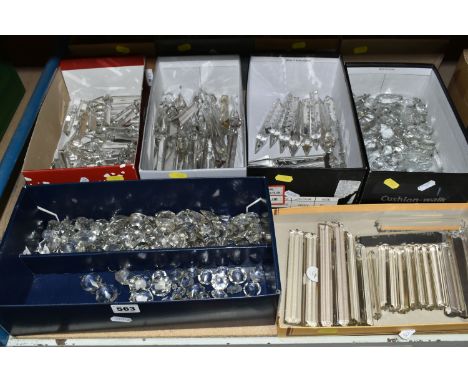 TEN BOXES OF CRYSTAL CHANDELIER REPLACEMENT PARTS, DROPPERS, LOZENGES AND PENDANTS, to include approximately three hundred pi
