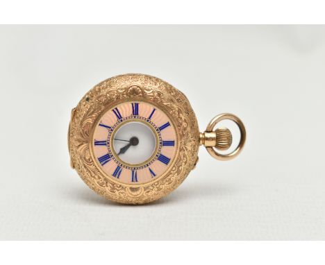 A LADYS YELLOW METAL HALF HUNTER POCKET WATCH, manual wind, round white dial, Roman numerals, blue steel hands, in a floral d