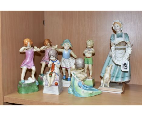 SEVEN ROYAL WORCESTER FIGURES, comprising Upstairs Downstairs - the Cook, depicting the cook carrying a joint of meat watched